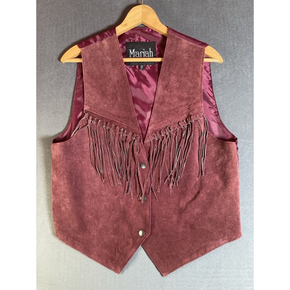 Mariah Western Cowgirl Suede Leather Fringed Vest Red Womens Sz L Lined